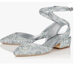 YDN Silver Glitter Low Block Heel Sandals Pointy Toe Slingback D'Orsay Pumps Wit